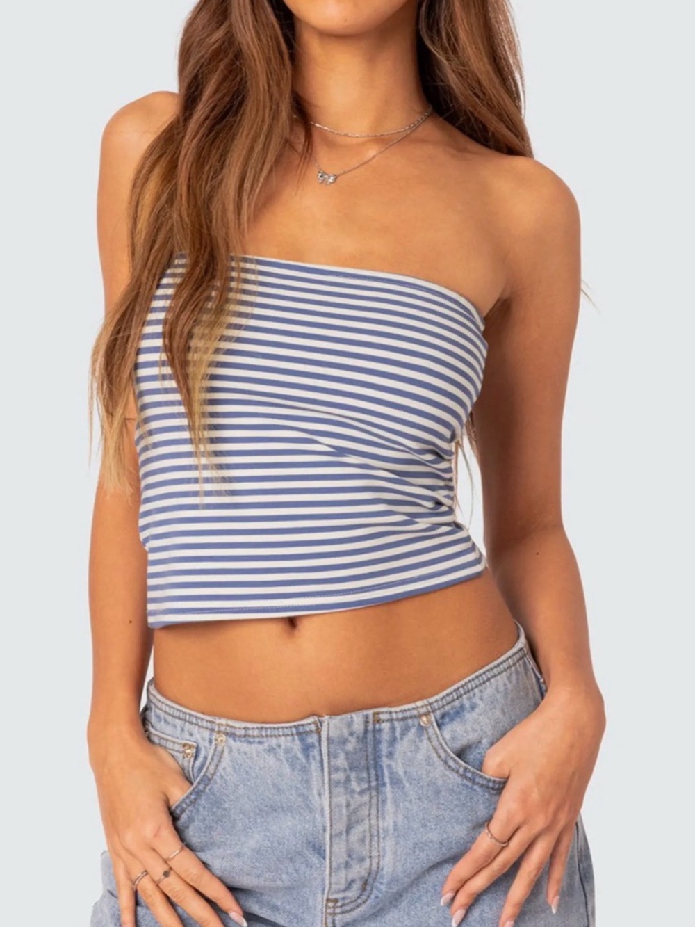 Edikted Lilah Blue White Striped Tube Top Strapless Crop Blouse Shirt Small S